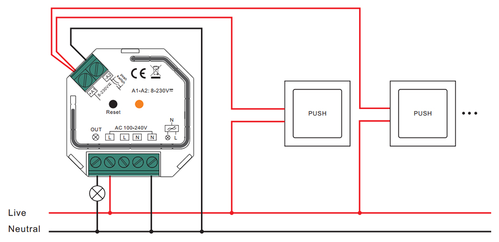 Sunricher ZigBee spínač 230V 400W (SR-ZG9101SAC-HP-Switch) - schéma zapojení push dim