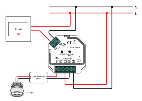 Sunricher RF 1-zónový triakový stmívač 400W - DIM10 (SR-1009SAC-HP) - schéma zapojení