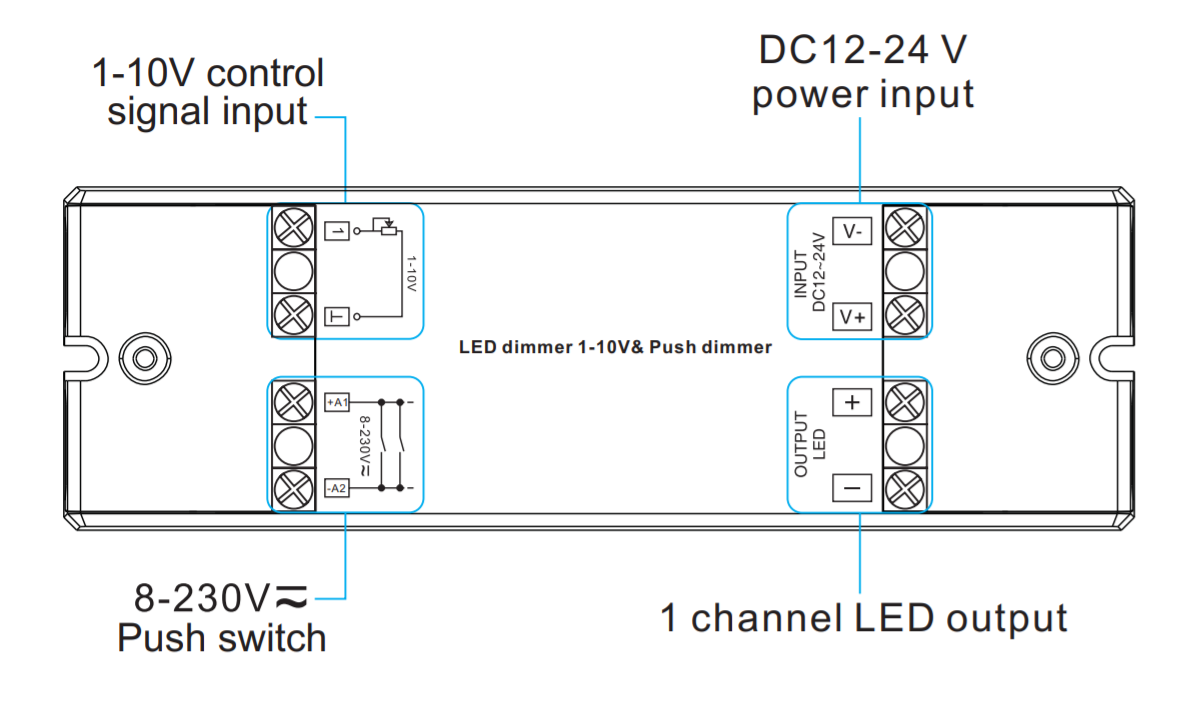 Sunricher jednokanálový stmívač 0/1-10V (SR-2006-Push dim)-Beschreibung svorek