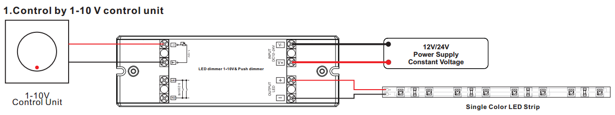 Sunricher jednokanálový stmívač 0/1-10V (SR-2006-Push dim)-Schéma zapojení 1