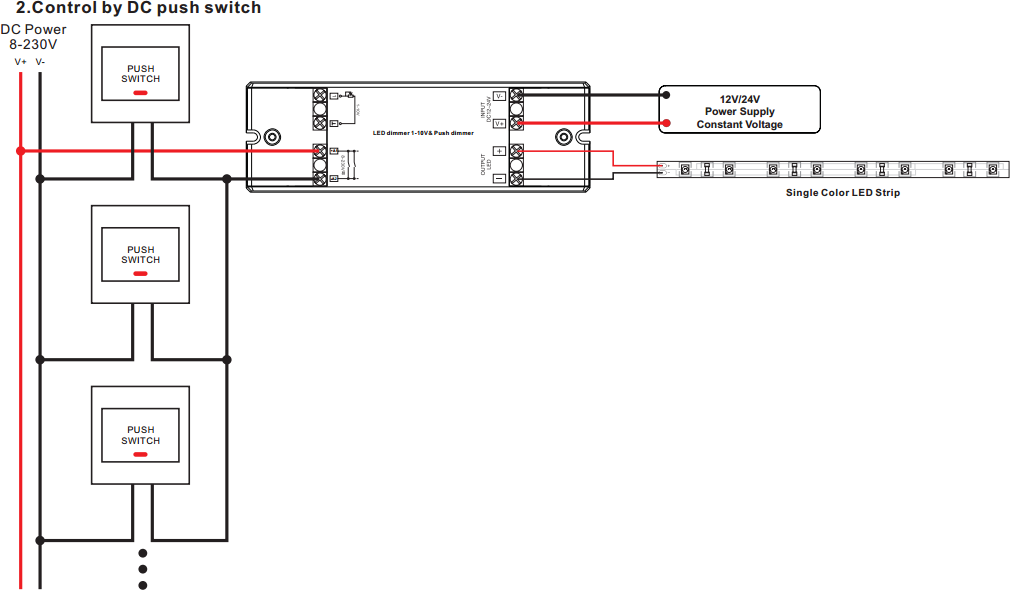 Sunricher jednokanálový stmívač 0/1-10V (SR-2006-Push dim)-Schéma zapojení 2