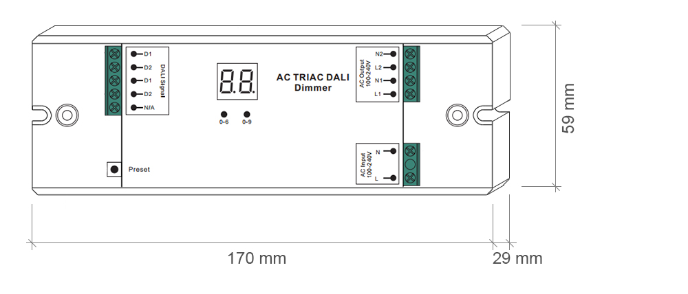 Sunricher DALI dvoukanálový triakový stmívač 230V (SR-2303AC) - technický výkres